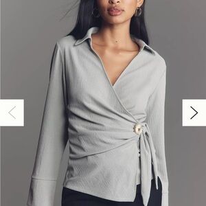 Anthropologie Light Gray Wrap Blouse with Side Tie